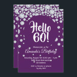 60th birthday party purple white diamonds hello 60 招待状<br><div class="desc">女のエレガント子のための60歳の誕生日パーティーのための華やかなパーティの招待状。紫色フェイクの背景にシックガーリーなダイヤモンド。手文字の大きな紫の色モダンの円スタイル文字：こんにちは60!テンプレートのパーティー情報。白文字。</div>