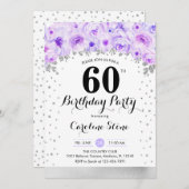 60th Birthday Party - Silver Purple Flowers 招待状 (正面/裏面)