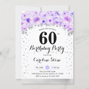 60th Birthday Party - Silver Purple Flowers 招待状