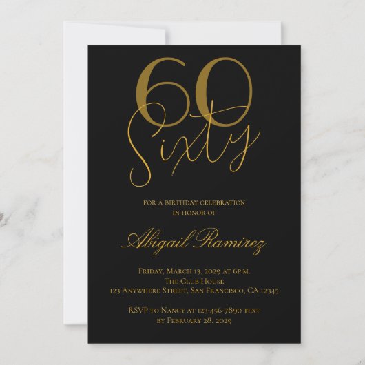 60th Birthday Party Typography Photo Black & Gold 招待状 (正面)