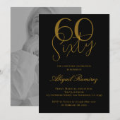 60th Birthday Party Typography Photo Black & Gold 招待状 (正面/裏面)