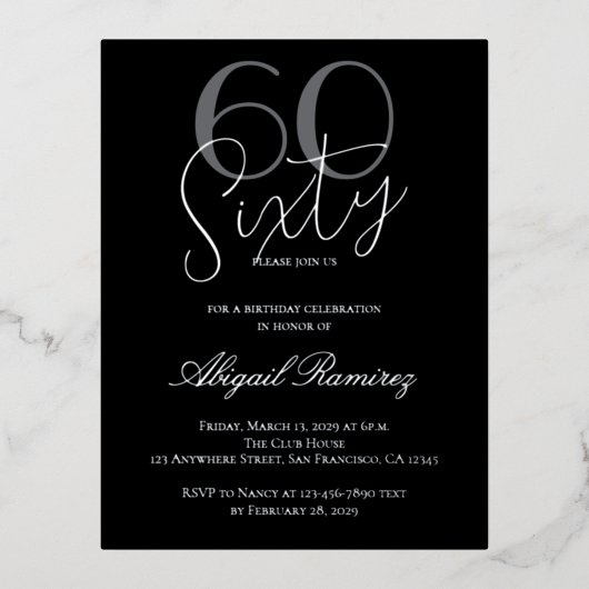 60th Birthday Party Typography Photo Black Silver 箔シーズンポストカード (正面)