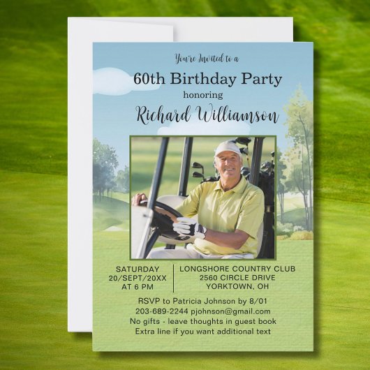 60th Birthday Photo Watercolor Golf Theme 招待状