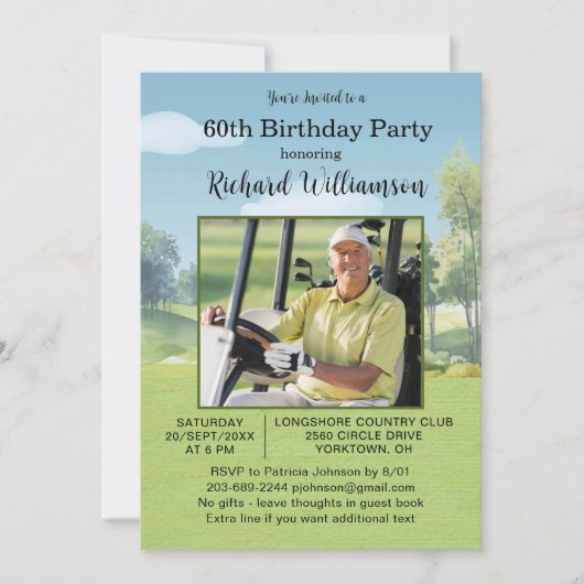 60th Birthday Photo Watercolor Golf Theme 招待状 (正面)