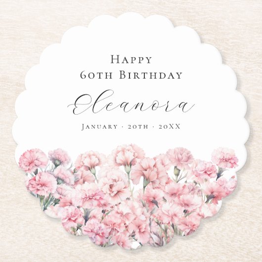 60th Birthday Pink Carnation January Birth Flower ペーパーコースター (正面)