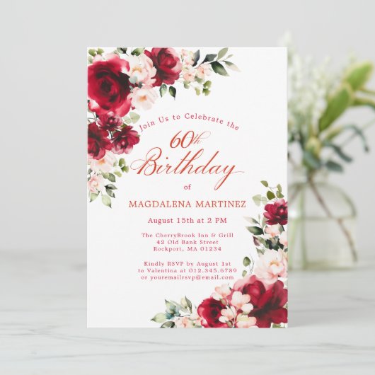 60th Birthday Red Rose Pink Peony Floral 招待状 (スタンド正面)