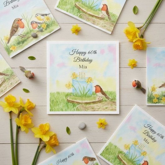 60th Birthday Robin with Daffodil Cake スタンダードランチョンナプキン