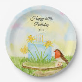 60th Birthday Robin with Daffodil Cake ペーパープレート (正面)