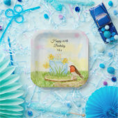 60th Birthday Robin with Daffodil Cake ペーパープレート (パーティー)