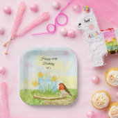 60th Birthday Robin with Daffodil Cake ペーパープレート (パーティー)