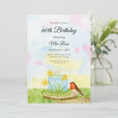 60th Birthday Robin with Daffodil Cake 招待状 (スタンド正面)