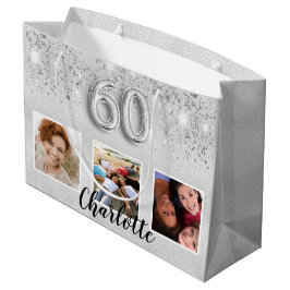 60th birthday silverグリッター写真名 ラージペーパーバッグ