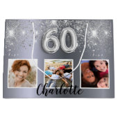 60th birthday silverグリッター写真 ラージペーパーバッグ (正面)