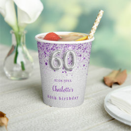 60th birthday silver purpleグリッター名 紙コップ