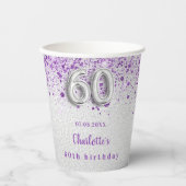 60th birthday silver purpleグリッター名 紙コップ (正面)