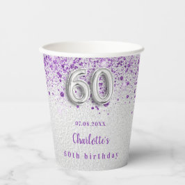 60th birthday silver purpleグリッター名 紙コップ