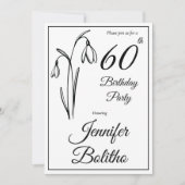 60th Birthday Snowdrop Floral Black And White 招待状 (正面)