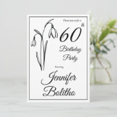 60th Birthday Snowdrop Floral Black And White 招待状 (スタンド正面)