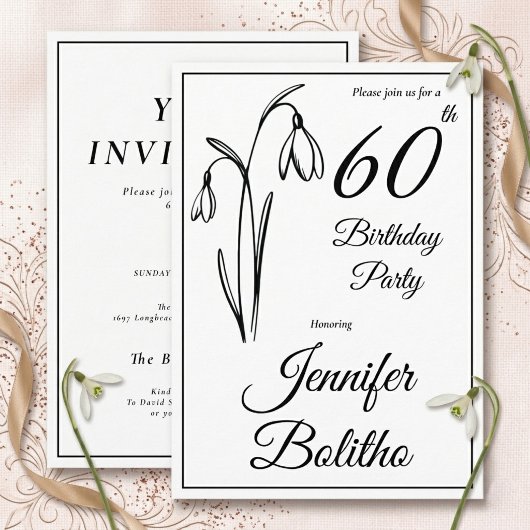 60th Birthday Snowdrop Floral Black And White 招待状