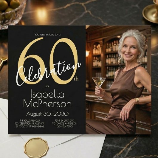 60th Celebration Photo Black Gold 60th Birthday 招待状