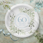 60th Diamond 結婚's Anniversary Greenery ペーパープレート<br><div class="desc">繊細な水彩の国の庭の緑を特徴とし結婚て、このシックな植物学60周年のデザインは、ダイヤモンドブルー文字の特別な60周年の情報と一緒にエレガントすることができる。Thisisnomeによる設計©</div>