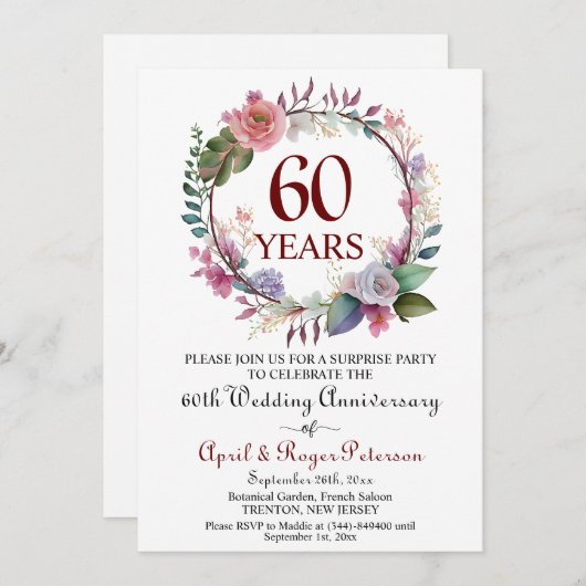 60th Diamond Surprise Wedding Anniversary Floral 招待状 (正面/裏面)