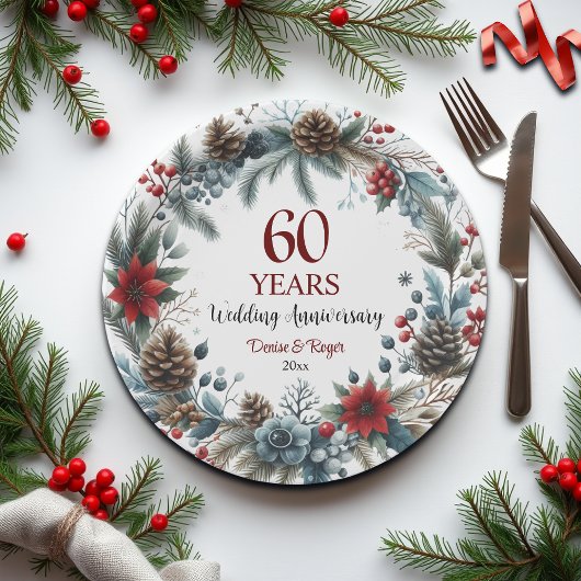 60th Diamond Wedding Anniversary Elegant Winter ペーパープレート