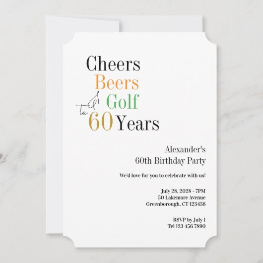 60th Golf Birthday Cheers and Beers Minimal 招待状 (正面)