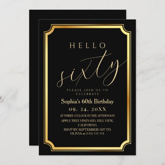 60th Modern & Minimal Black Birthday Party 招待状 (正面/裏面)