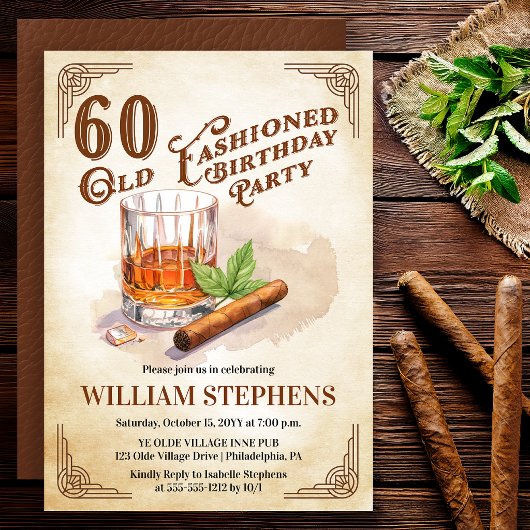 60th Old Fashioned Whiskey Cigar Birthday Party 招待状