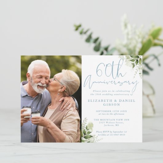 60th Wedding Anniversary Greenery Floral Photo 招待状 (スタンド正面)