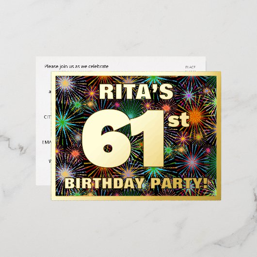 61回目の誕生日パーティはっきりした:, カラフル Fireworks Look 箔招待状ポストカード (正面/裏面)