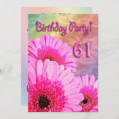 61歳の誕生日パーティー招待状 ピンクの花 招待状 (正面/裏面)