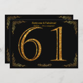 61歳の誕生日パーティー,ギャツビースタイル,ブラック金ゴールドグリッター 招待状 (正面/裏面)