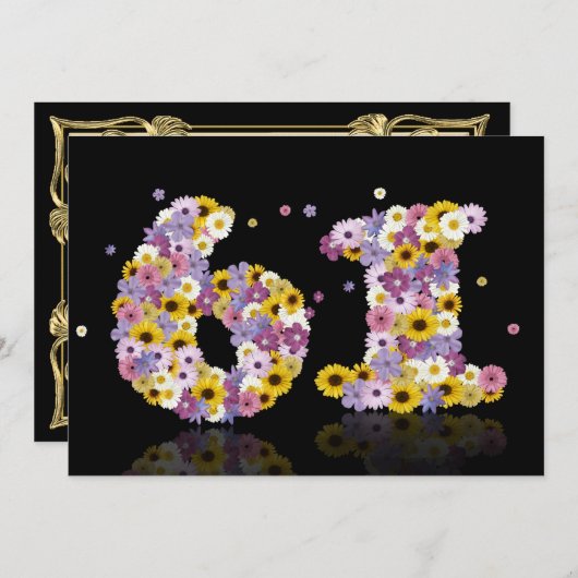 61歳の誕生日パーティー、花の文字 招待状 (正面/裏面)