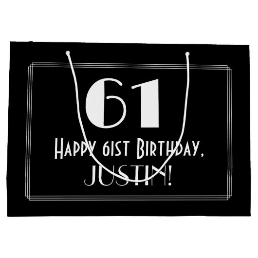 61歳の誕生日:アートデコスタイルの「61」、名前付き ラージペーパーバッグ (裏面)