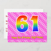 61歳の誕生日：ピンクのストライプとハート、虹色の61 ポストカード (正面/裏面)