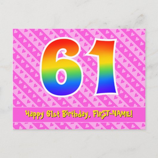 61歳の誕生日：ピンクのストライプとハート、虹色の61 ポストカード (正面)