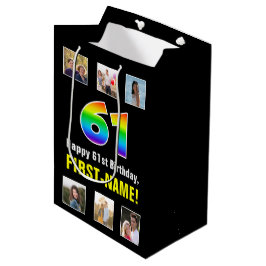 61歳の誕生日: レインボー「61」, カスタム写真と名前 ミディアムペーパーバッグ