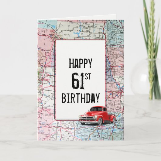 61歳の誕生日　レトロな赤いトラックと地図 カード (正面)