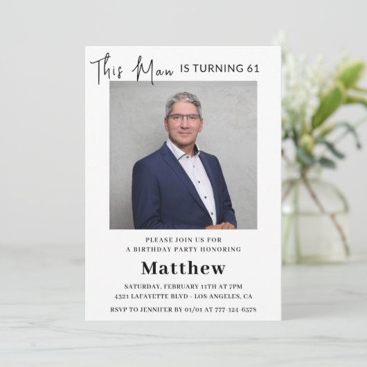 61歳エレガントの誕生日招待状メンズ写真 招待状 (スタンド正面)