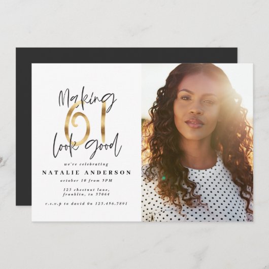 61歳モダンの誕生日の黒と金ゴールドの写真 (正面/裏面)