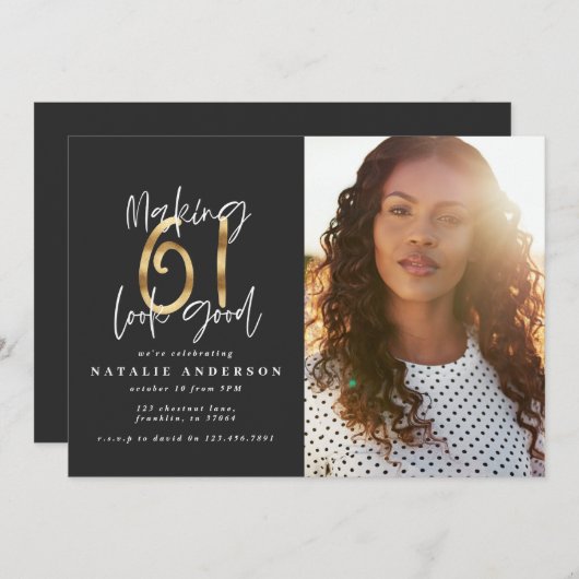 61歳モダンの誕生日の黒と金ゴールドの写真 (正面/裏面)