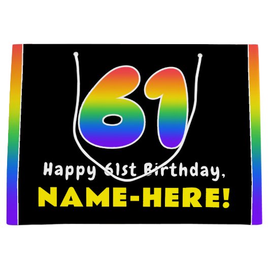 61番目の誕生日カラフル: Rainbow # 61,名前をカスタムする ラージペーパーバッグ (正面)