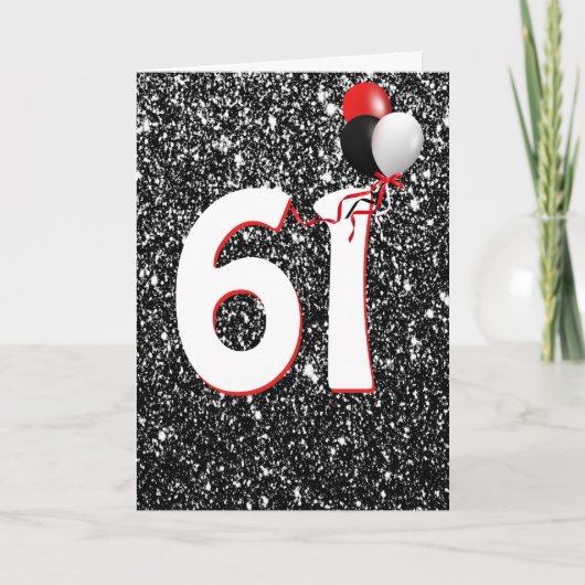 61番目の誕生日バルーンをブラックグリッターカードに カード (正面)