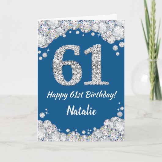 61番目の誕生日ブルーとシルバーグリッターカード カード (正面)
