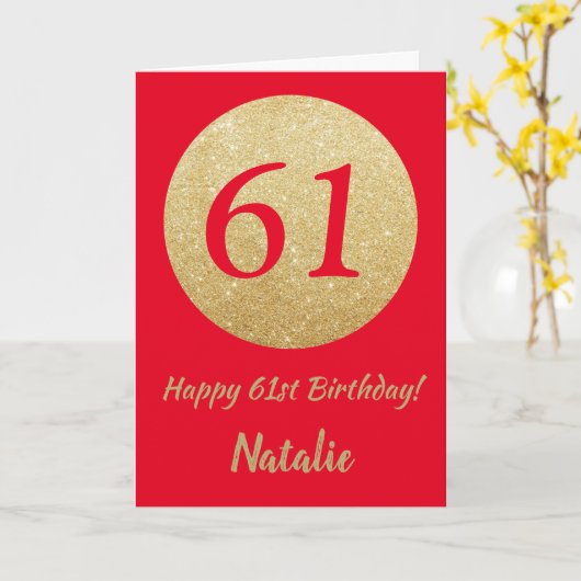 61番目の誕生日レッドと金ゴールドグリッターカード カード (黄色い花)