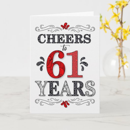 61番目の誕生日応援の赤い白の黒いパターン カード (黄色い花)