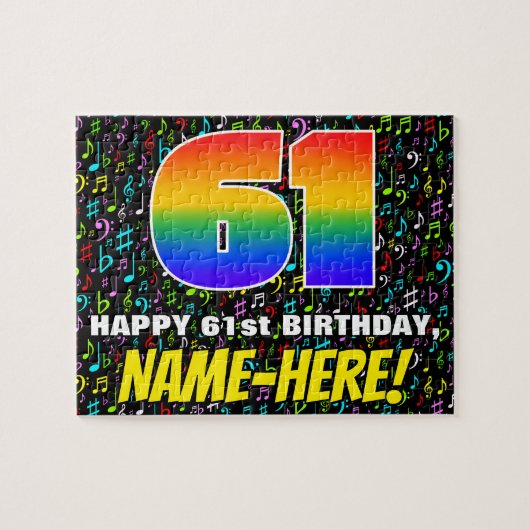 61番目の誕生日:おもしろい、カラフル音楽シンボル、「61」 ジグソーパズル (横)