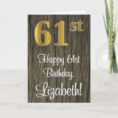 61番目の誕生日:エレガントフェイク金ゴールドルック#、フェイク木材 カード (正面)